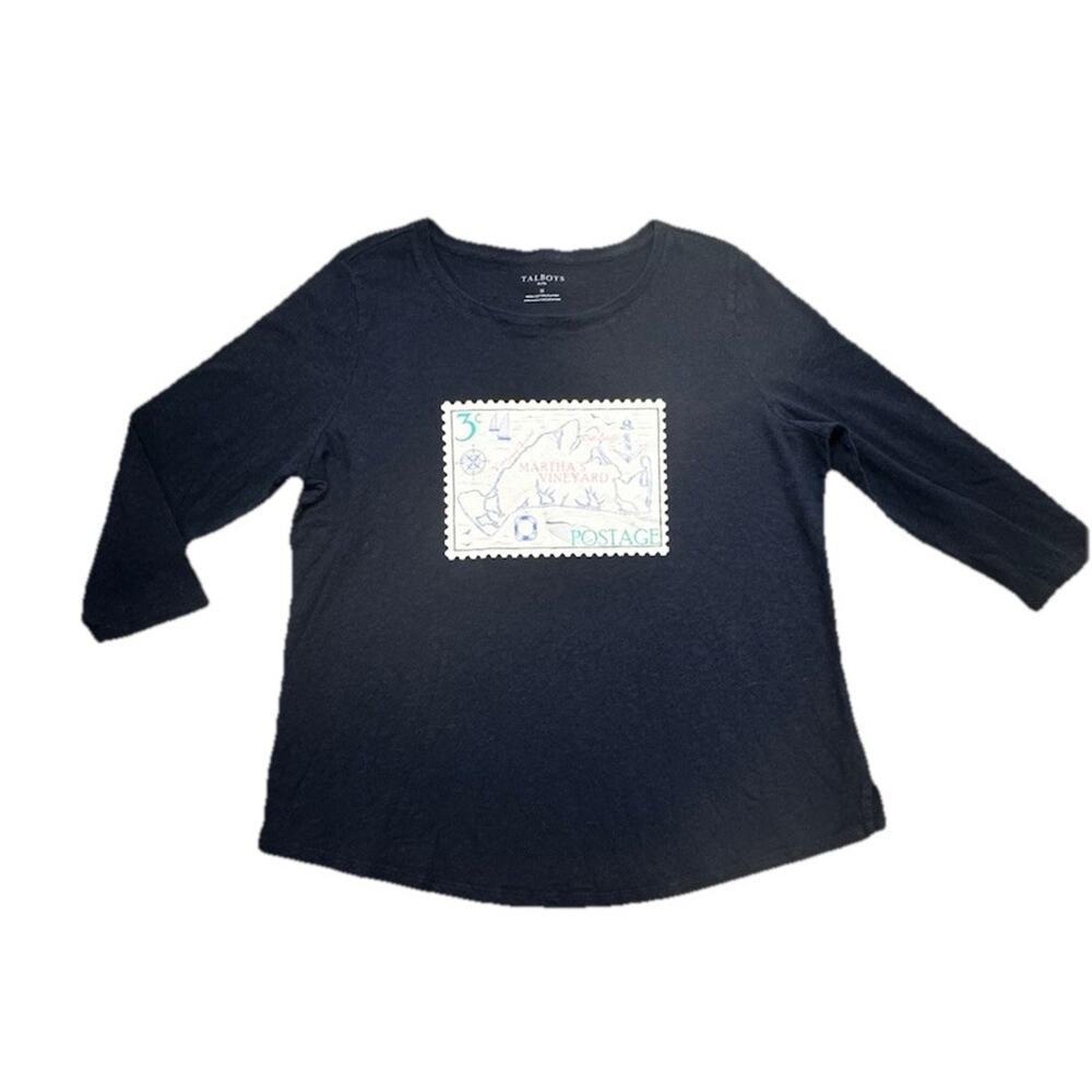 Talbots Top Shirt Women 1X Navy Blue Marthas Vineyard Stamp 3/4 Sleeve Basic